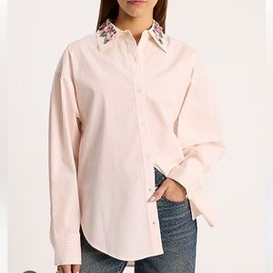 Express Blush Striped Embellished Collar Boyfriend Portofino Shirt. XL NWOT